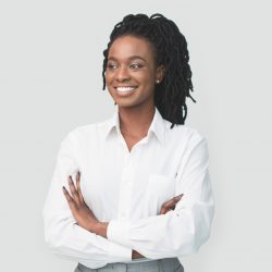 Black Business Woman Posing Crossing Hands On White Background